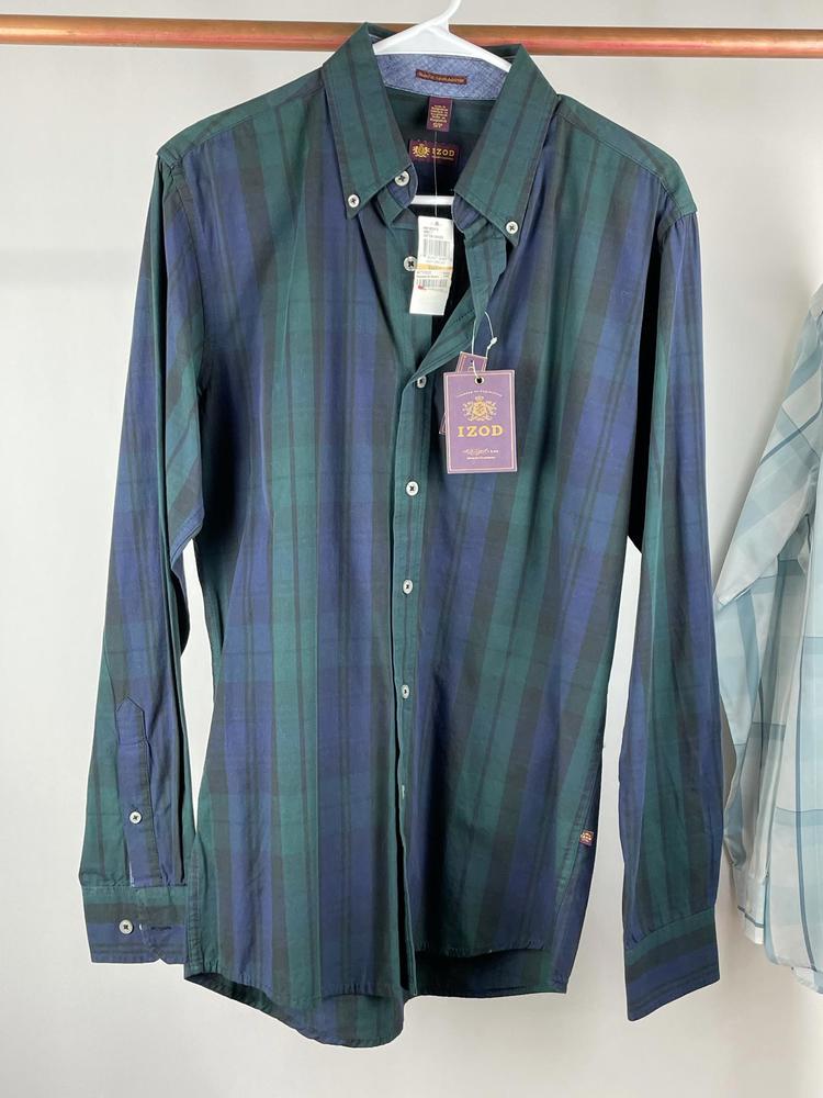 IZOD Slim Fit Navy Green Stripe Cotton Shirt Size Small